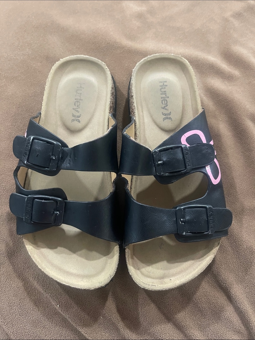 Hurley Black Double-Buckle Slides with Pink Logo